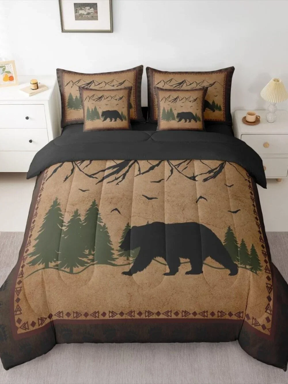 7 Pcs Bear Comforter Set King, Rustic Lodge Theme Bedding Sets for Kids Boys Tee